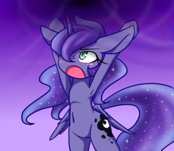 Size: 370x320 | Tagged: safe, artist:azurepicker, character:princess luna, species:alicorn, species:pony, armpits, belly button, chibi, cute, female, semi-anthro, solo, standing