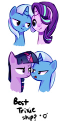 Size: 482x945 | Tagged: source needed, safe, artist:millioncookies, character:starlight glimmer, character:trixie, character:twilight sparkle, character:twilight sparkle (alicorn), species:alicorn, species:pony, species:unicorn, ship:startrix, ship:twixie, female, lesbian, mare, one eye closed, shipping, wink