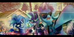 Size: 2800x1400 | Tagged: safe, artist:ruhisu, character:starlight glimmer, character:trixie, oc, oc:brave wing, species:pony, clothing, cops, houses, levitation, magic, neighborhood, open mouth, paper, pen, police, police officer, sunglasses, telekinesis, underhoof
