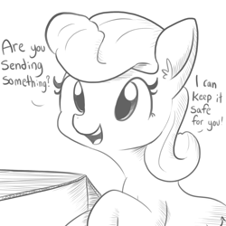 Size: 1584x1584 | Tagged: safe, artist:tjpones, oc, oc only, oc:packing peanuts, species:earth pony, species:pony, amazon.com, box, cardboard box, cute, cutie mark, dialogue, ear fluff, female, grayscale, i can't believe it's not badumsquish, mare, monochrome, object pony, open mouth, original species, packing peanuts, ponified, simple background, sketch, smiling, solo, white background