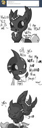 Size: 1584x4752 | Tagged: safe, artist:tjpones, oc, oc only, oc:changeling husband, oc:pistachio, species:changeling, horse wife, ask, broken english, changeling oc, clothing, comic, cute, cuteling, dialogue, grayscale, jewelry, monochrome, necklace, pearl necklace, pretending, shirt, simple background, snugglo, suspiciously specific denial, t-shirt, tape, tumblr, white background, white changeling