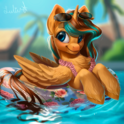 Size: 3000x3000 | Tagged: safe, alternate version, artist:lulemt, oc, oc only, species:alicorn, species:pony, alicorn oc, chest fluff, commission, female, floaty, glasses, lei, mare, palm tree, smiling, solo, sunglasses, swimming pool, tree, unshorn fetlocks, ych result