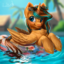 Size: 1280x1280 | Tagged: safe, artist:lulemt, oc, oc only, species:alicorn, species:pony, alicorn oc, chest fluff, commission, female, floaty, glasses, jewelry, mare, necklace, palm tree, smiling, solo, sunglasses, swimming pool, tree, unshorn fetlocks, ych result