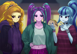 Size: 1228x868 | Tagged: safe, artist:agaberu, character:adagio dazzle, character:aria blaze, character:sonata dusk, equestria girls:rainbow rocks, g4, my little pony:equestria girls, belly button, choker, clothing, female, food, hoodie, midriff, sonataco, spiked choker, spiked wristband, sweater, taco, that girl sure loves tacos, the dazzlings, trio, wristband