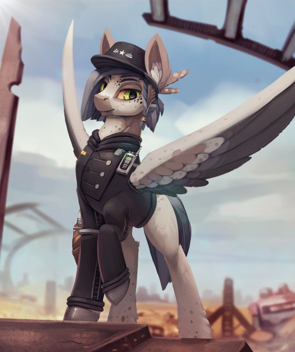 Size: 586x700 | Tagged: safe, artist:rodrigues404, oc, oc only, species:pegasus, species:pony, g4, animated, blinking, cinemagraph, clothing, coat markings, colored wings, commission, enclave, eyebrows, fallout, gif, hat, looking at you, military, multicolored wings, pegasus oc, raised hoof, smiling, solo, spread wings, three quarter view, two toned wings, wings