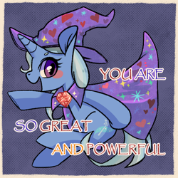 Size: 800x800 | Tagged: safe, artist:phyllismi, character:trixie, species:pony, species:unicorn, blushing, heart, smiling, solo, valentine's day card