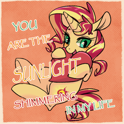 Size: 800x800 | Tagged: safe, artist:phyllismi, character:sunset shimmer, species:pony, species:unicorn, blushing, heart, smiling, solo, valentine's day card