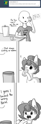 Size: 1650x4950 | Tagged: safe, artist:tjpones, oc, oc only, oc:brownie bun, oc:richard, species:earth pony, species:human, species:pony, horse wife, ask, comic, dialogue, drink, drinking, ear fluff, grayscale, hoof hold, misunderstanding, monochrome, oatacola, offscreen character, phone, phone call, question mark, simple background, soda can, speech bubble, trash can, tumblr, white background