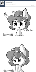 Size: 1650x3300 | Tagged: safe, artist:tjpones, oc, oc only, oc:brownie bun, species:earth pony, species:pony, horse wife, ask, busy, chocolate, comic, dialogue, ear fluff, eating, food, frosting, grayscale, hoof in mouth, monochrome, simple background, solo, tumblr, white background