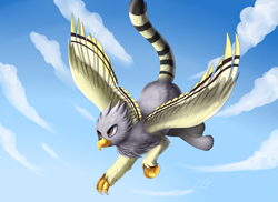 Size: 3509x2550 | Tagged: safe, artist:pridark, oc, oc only, species:griffon, cloud, commission, flying, griffon oc, sky, smiling, solo