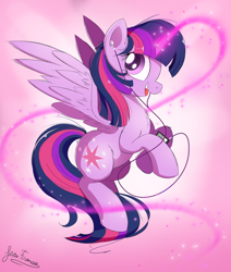 Size: 2100x2475 | Tagged: safe, artist:bugplayer, character:twilight sparkle, character:twilight sparkle (alicorn), species:alicorn, species:pony, cute, earbuds, female, glowing horn, looking at you, mare, mp3 player, rearing, signature, smiling, solo, twiabetes
