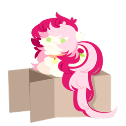 Size: 1100x1100 | Tagged: safe, artist:kotoink, character:roseluck, species:earth pony, species:pony, :3, behaving like a cat, box, cardboard box, cheek fluff, chest fluff, chibi, collar, cute, digital art, female, fluffy, mare, pet tag, pony pet, prone, rosepet, simple background, smiling, solo, transparent background