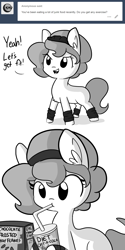 Size: 1650x3300 | Tagged: safe, artist:tjpones, oc, oc only, oc:brownie bun, species:earth pony, species:pony, horse wife, ask, cereal, chest fluff, comic, dialogue, diet, drink, drinking, drinking straw, ear fluff, female, food, grayscale, monochrome, oatacola, simple background, solo, sweatband, tumblr, white background