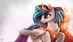Size: 1800x1049 | Tagged: safe, artist:noctilucent-arts, character:daybreaker, character:princess celestia, species:alicorn, species:pony, crying, featured on derpibooru, female, fire, gradient background, looking back, mane of fire, mare, raised hoof, smiling, solo, transformation