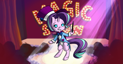 Size: 967x512 | Tagged: safe, artist:grim ponka, character:starlight glimmer, species:pony, species:unicorn, bipedal, clothing, collaboration, costume, cute, female, hat, magic show, magician outfit, mare, smiling, spotlight, top hat, wand