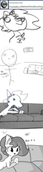 Size: 1650x6600 | Tagged: safe, artist:tjpones, oc, oc only, oc:brownie bun, oc:richard, species:earth pony, species:human, species:pony, horse wife, ask, bald, breaking the fourth wall, comic, couch, dialogue, grayscale, monochrome, stylistic suck, tumblr