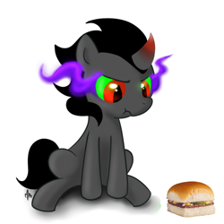 Size: 800x800 | Tagged: safe, artist:gatodelfuturo, edit, character:king sombra, species:pony, burger, colt, colt sombra, cute, foal, krystal burger, male, scrunchy face, sombradorable