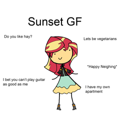 Size: 1650x1650 | Tagged: safe, artist:tjpones, character:sunset shimmer, my little pony:equestria girls, c:, cute, descriptive noise, female, homesick shimmer, humans doing horse things, ideal gf, meme, neigh, shimmerbetes, simple background, smiling, solo, stick figure, sunset shredder, sunset's apartment, vegetarian, white background