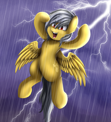 Size: 3069x3365 | Tagged: safe, artist:pridark, oc, oc only, oc:lighting faraday, species:pegasus, species:pony, clothing, cloud, female, lightning, mare, open clothes, smiling, solo, storm