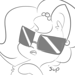 Size: 1650x1650 | Tagged: safe, artist:tjpones, oc, oc only, oc:brownie bun, species:earth pony, species:pony, horse wife, bust, chest fluff, dialogue, ear fluff, grayscale, monochrome, simple background, solo, sunglasses, swag, white background