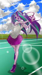 Size: 842x1500 | Tagged: safe, artist:ddd1983, character:aria blaze, my little pony:equestria girls, clothing, crepuscular rays, cute, female, legs, pigtails, shoes, skirt, skirt lift, sneakers, sports, tennis, tennis racket, twintails