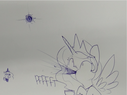 Size: 965x717 | Tagged: safe, artist:tjpones, character:princess celestia, character:princess luna, species:alicorn, species:pony, 2017 solar eclipse, duo, eclipse, lineart, monochrome, pfft, royal sisters, solar eclipse, spit take, traditional art