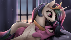Size: 1557x876 | Tagged: safe, artist:noctilucent-arts, character:princess celestia, character:twilight sparkle, character:twilight sparkle (alicorn), species:alicorn, species:pony, ship:twilestia, g4, bed, bedroom, duo, female, hug, lesbian, mare, morning ponies, open mouth, shipping, sunrise, wing blanket, winghug