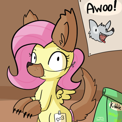 Size: 1650x1649 | Tagged: safe, artist:tjpones, character:fluttershy, species:pegasus, species:pony, animal costume, caught, clothing, costume, cute, dog food, fake cutie mark, furry, poster, solo, wolf costume