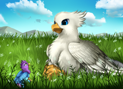Size: 3509x2550 | Tagged: safe, artist:pridark, oc, oc only, oc:der, oc:gyro feather, oc:gyro tech, species:griffon, behaving like a bird, birds doing bird things, catbird, cute, eye contact, fluffy, grass, griffonized, looking at each other, looking up, majestic, micro, nervous, open mouth, prone, sitting, smiling, species swap, sweat, sweatdrop, wide eyes