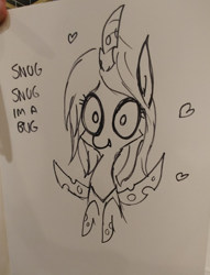 Size: 1328x1740 | Tagged: safe, artist:tjpones, character:queen chrysalis, species:changeling, asdfmovie, beep beep i'm a sheep (lildeucedeuce feat. tomska & black gryph0n), black and white, bust, changeling queen, dialogue, grayscale, heart, hugs 4 bugs, lineart, monochrome, solo, traditional art