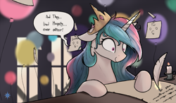 Size: 1161x679 | Tagged: dead source, safe, artist:noctilucent-arts, character:princess celestia, species:alicorn, species:pony, bad end, balloon, candle, dialogue, female, fire, floppy ears, immortality blues, insanity, levitation, magic, mare, messy mane, paper, quill, shrunken pupils, snaplestia, solo, speech bubble, telekinesis