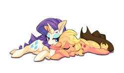 Size: 1700x1000 | Tagged: safe, artist:phyllismi, character:applejack, character:rarity, species:earth pony, species:pony, species:unicorn, ship:rarijack, clothing, cowboy hat, cuddling, female, hat, lesbian, mare, prone, shipping, simple background, sleeping, smiling, stetson
