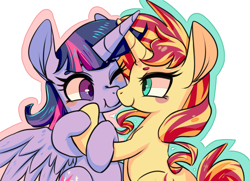 Size: 900x650 | Tagged: safe, artist:phyllismi, character:sunset shimmer, character:twilight sparkle, character:twilight sparkle (alicorn), species:alicorn, species:pony, species:unicorn, ship:sunsetsparkle, blushing, boop, cute, female, lesbian, looking at each other, mare, noseboop, one eye closed, shimmerbetes, shipping, twiabetes
