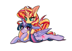 Size: 1900x1360 | Tagged: safe, artist:phyllismi, character:sunset shimmer, character:twilight sparkle, character:twilight sparkle (alicorn), species:alicorn, species:pony, species:unicorn, ship:sunsetsparkle, cuddling, female, lesbian, mare, shipping, simple background
