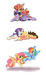 Size: 2100x3444 | Tagged: safe, artist:phyllismi, character:applejack, character:fluttershy, character:rainbow dash, character:rarity, character:sunset shimmer, character:twilight sparkle, character:twilight sparkle (alicorn), species:alicorn, species:earth pony, species:pegasus, species:pony, species:unicorn, ship:flutterdash, ship:rarijack, ship:sunsetsparkle, g4, clothing, cowboy hat, cuddling, eyes closed, female, flying, hat, lesbian, looking at each other, lying down, mare, open mouth, open smile, profile, prone, shipping, simple background, sleeping, smiling, stetson, three quarter view, white background
