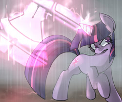 Size: 600x500 | Tagged: safe, artist:uc77, character:twilight sparkle, species:pony, angry, axe, combat, magic, solo, weapon
