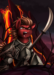 Size: 2550x3509 | Tagged: safe, artist:pridark, oc, oc only, species:pony, armor, commission, fire, hoof hold, lava, open mouth, volcano, weapon