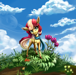Size: 2340x2300 | Tagged: safe, artist:roadsleadme, oc, oc only, species:earth pony, species:pony, clothing, cloud, cute, female, flower, gift art, grass, mare, raised hoof, scarf, sky, smiling, solo