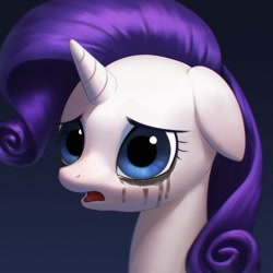 Size: 868x868 | Tagged: safe, artist:agaberu, character:rarity, species:pony, species:unicorn, bust, chromatic aberration, crying, female, floppy ears, makeup, mare, mascara, mascarity, open mouth, portrait, running makeup, sad, solo