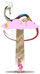 Size: 1280x2345 | Tagged: safe, artist:grievousfan, character:discord, character:fluttershy, character:pinkie pie, species:draconequus, species:earth pony, species:pegasus, species:pony, chocolate, chocolate rain, cloud, cotton candy, cotton candy cloud, drinking, female, food, hooves, horns, male, mare, on a cloud, open mouth, pink cloud, rain, simple background, sitting on a cloud, transparent background, wings