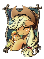 Size: 1500x2000 | Tagged: safe, artist:ruhisu, character:applejack, oc, oc:brave wing, parents:canon x oc, species:earth pony, species:pony, clothing, cowboy hat, duo, eyes closed, female, hat, mare, plushie, rope, smiling, solo, stetson