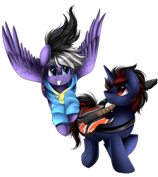 Size: 2550x2850 | Tagged: safe, artist:pridark, oc, oc only, oc:denz xavier, oc:stormblaze, species:pegasus, species:pony, species:unicorn, clothing, commission, electric guitar, female, flying, guitar, male, mare, simple background, smiling, stallion, sweater, transparent background