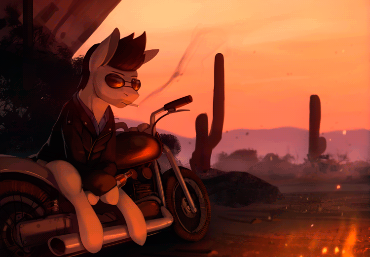 Size: 750x521 | Tagged: safe, artist:rodrigues404, oc, oc only, oc:lancer, species:pony, alcohol, animated, cigarette, gif, glasses, male, motorcycle, scenery, smoking, sunglasses, whiskey