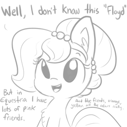 Size: 1650x1650 | Tagged: safe, artist:tjpones, oc, oc only, oc:brownie bun, species:earth pony, species:pony, horse wife, chest fluff, dialogue, ear fluff, grayscale, monochrome, pink floyd, simple background, solo, white background
