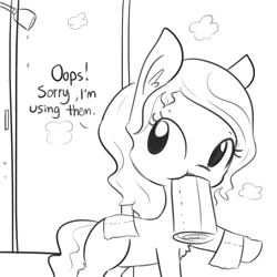 Size: 1650x1650 | Tagged: safe, artist:tjpones, oc, oc only, oc:brownie bun, species:earth pony, species:pony, horse wife, bathroom, brownie bun without her pearls, chest fluff, cute, dialogue, ear fluff, grayscale, monochrome, mouth hold, ocbetes, paper towels, shower, simple background, steam, white background