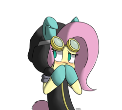Size: 1280x1152 | Tagged: safe, artist:genericmlp, character:fluttershy, species:pegasus, species:pony, blushing, bunny ears, bust, clothing, costume, covering mouth, dangerous mission outfit, female, goggles, hoodie, looking away, looking sideways, mare, no pupils, simple background, solo, white background