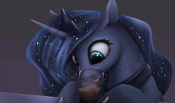 Size: 1308x776 | Tagged: dead source, safe, artist:noctilucent-arts, character:princess luna, species:alicorn, species:pony, beverage, chocolate, chocolate milk, coffee, constellation, cute, ethereal mane, female, fluffy, galaxy mane, glass, horse problems, lunabetes, makeup, mare, milk, mlem, noctilucent is trying to murder us, silly, silly pony, solo, tongue out