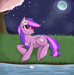 Size: 1745x1761 | Tagged: safe, artist:violentdreamsofmine, oc, oc only, oc:moonlight blossom, species:pegasus, species:pony, cherry blossoms, female, flower, flower blossom, grass, looking up, lying down, mare, moon, night, prone, relaxing, smiling, solo, stars, tree, water