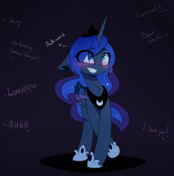 Size: 1480x1498 | Tagged: safe, artist:magnaluna, character:princess luna, species:alicorn, species:pony, g4, awkward, blue background, blushing, chest fluff, colored wings, colored wingtips, crossed legs, cute, cute little fangs, dialogue, ethereal mane, eye clipping through hair, fangs, female, floppy ears, forced smile, galaxy mane, grin, heart, lunabetes, mare, nervous, offscreen character, raised hoof, simple background, smiling, solo, text, thought bubble, waifu, wide eyes