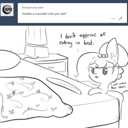 Size: 1650x1650 | Tagged: safe, artist:tjpones, oc, oc only, oc:brownie bun, species:earth pony, species:pony, horse wife, ask, bed, bedsheets, cucumber, ear fluff, female, food, grayscale, lamp, mare, monochrome, nightstand, pillow, simple background, solo, text, tumblr, unamused, white background